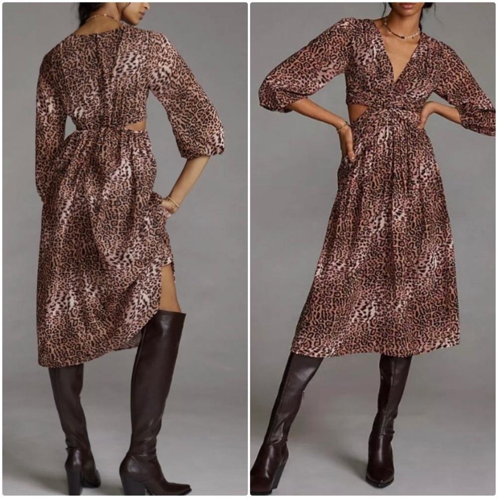 NWT Ranna Gill for Anthropologie Cut Out Leopard Print Midi Dress